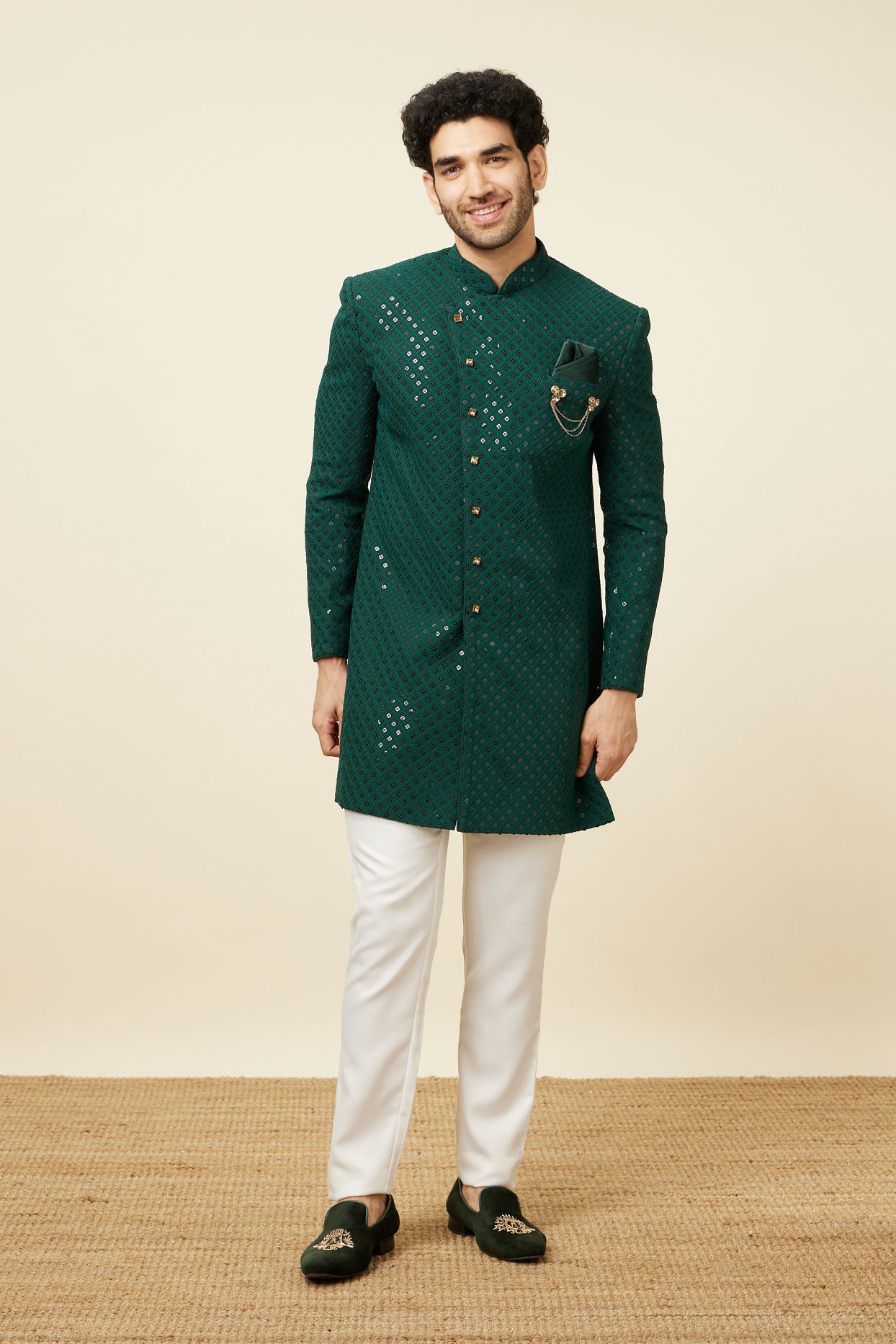 alt message - Manyavar Men Teal Green Harlequin Patterned Angrakha Style Sequined Indo Western Jacket image number 2