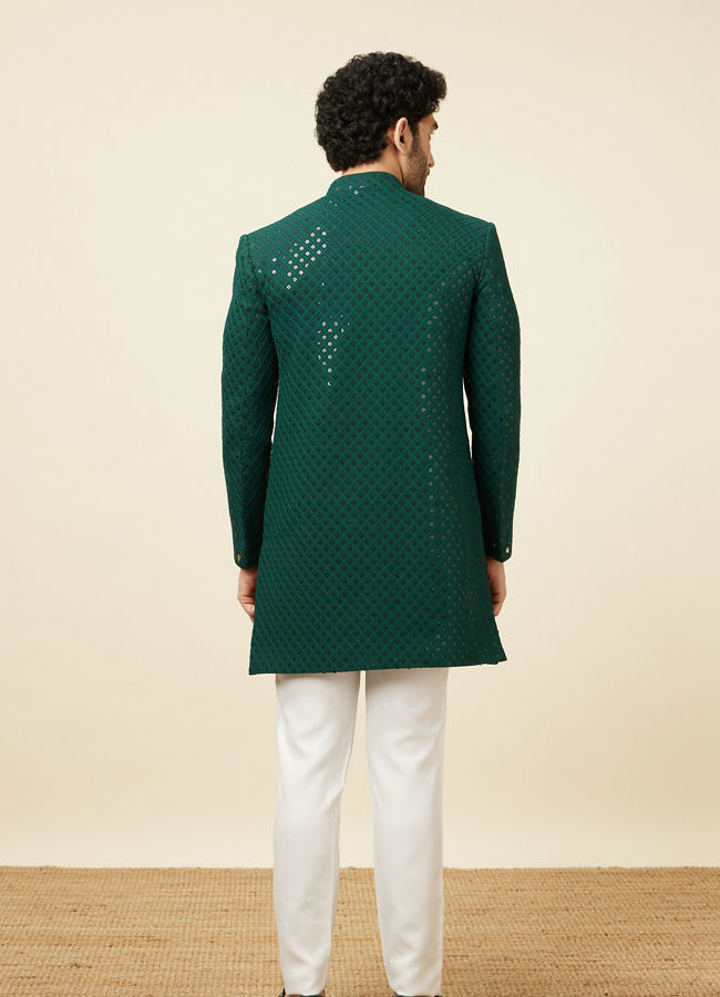 alt message - Manyavar Men Teal Green Harlequin Patterned Angrakha Style Sequined Indo Western Jacket image number 4