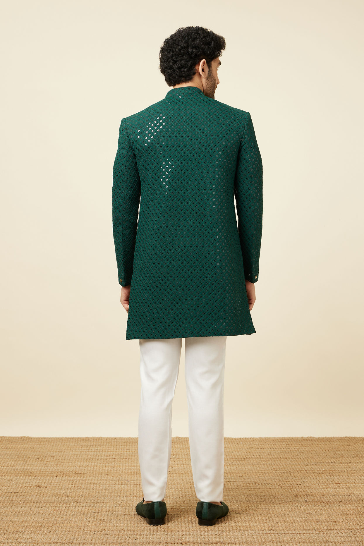 alt message - Manyavar Men Teal Green Harlequin Patterned Angrakha Style Sequined Indo Western Jacket image number 4