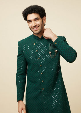 alt message - Manyavar Men Teal Green Harlequin Patterned Angrakha Style Sequined Indo Western Jacket