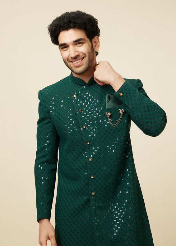 Manyavar Men Teal Green Harlequin Patterned Angrakha Style Sequined Indo Western Jacket