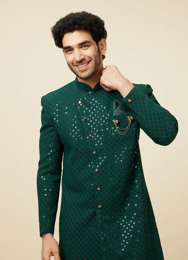 alt message - Manyavar Men Teal Green Harlequin Patterned Angrakha Style Sequined Indo Western Jacket image number 0