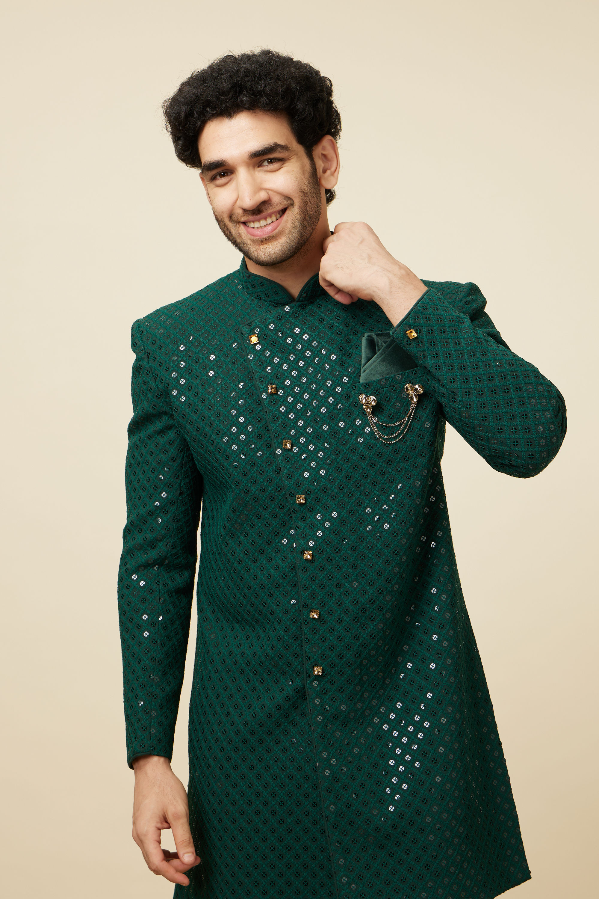 Manyavar Men Teal Green Harlequin Patterned Angrakha Style Sequined Indo Western Jacket