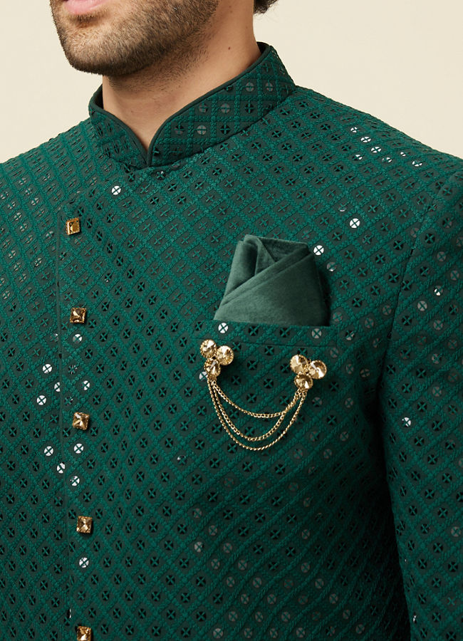Teal Green Harlequin Patterned Angrakha Style Sequined Indo Western Jacket image number 1