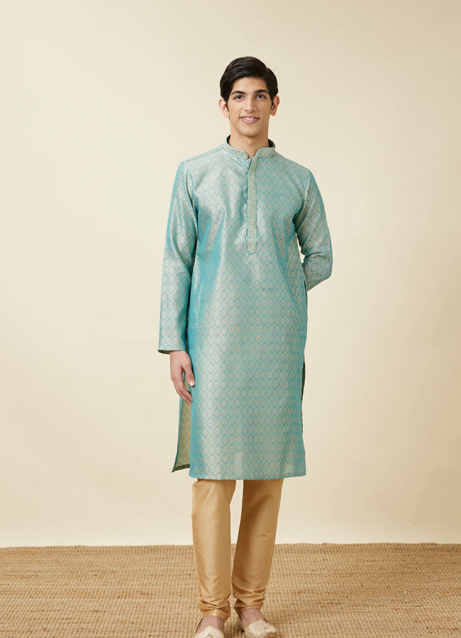 Manyavar Men Fair Aqua Blue Jaal Patterned Kurta Set