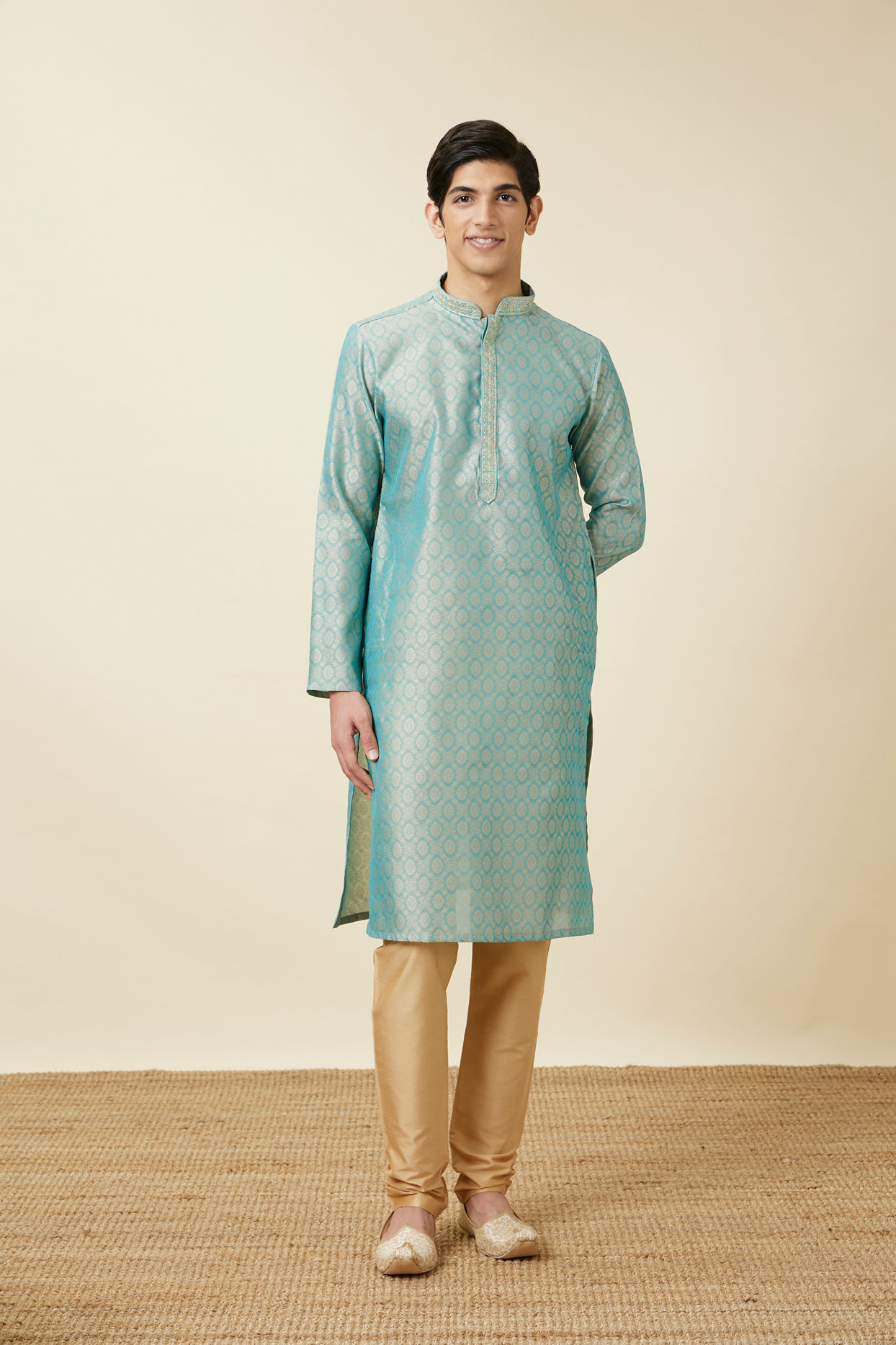 Manyavar Men Fair Aqua Blue Jaal Patterned Kurta Set