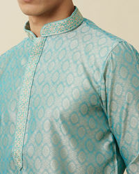 Manyavar Men Fair Aqua Blue Jaal Patterned Kurta Set