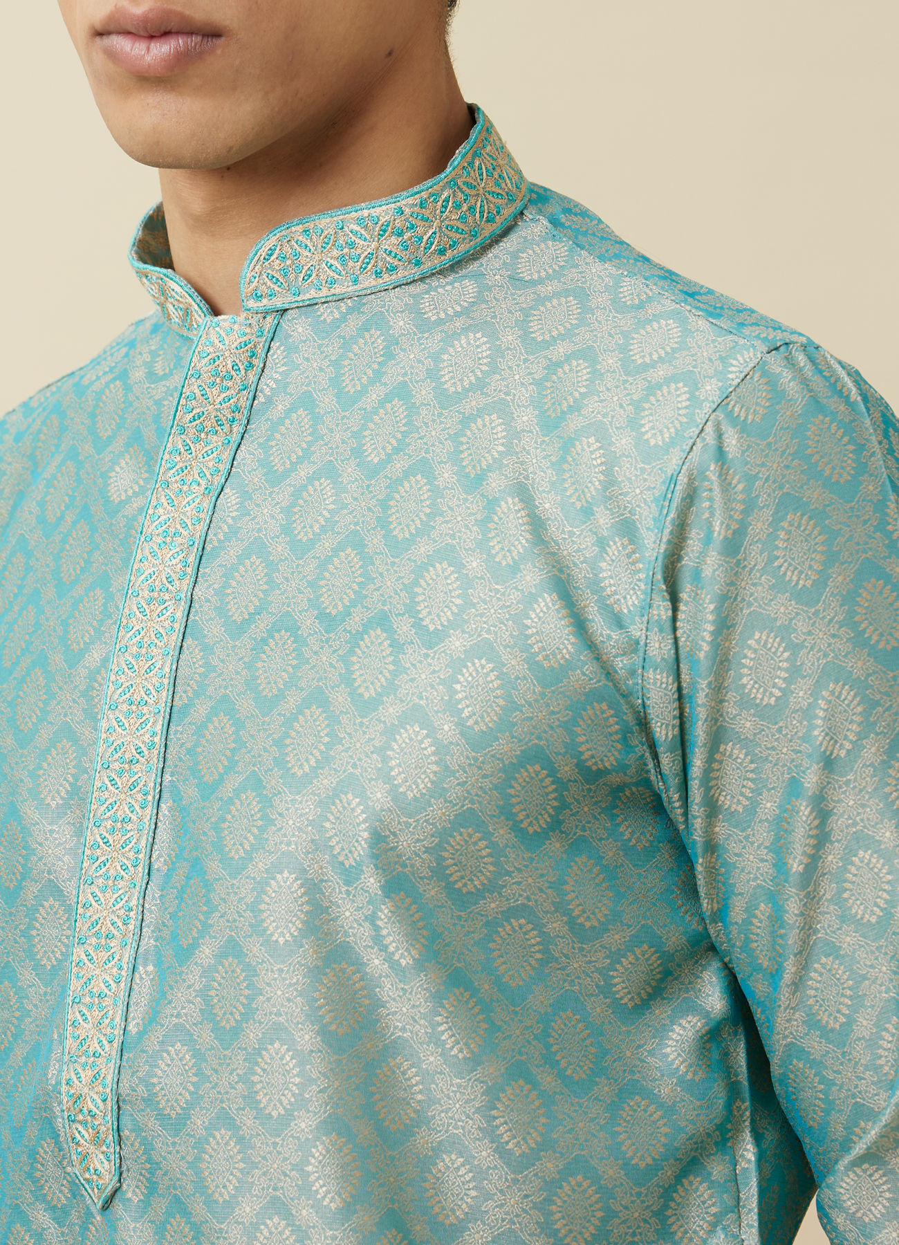 Manyavar Men Fair Aqua Blue Jaal Patterned Kurta Set