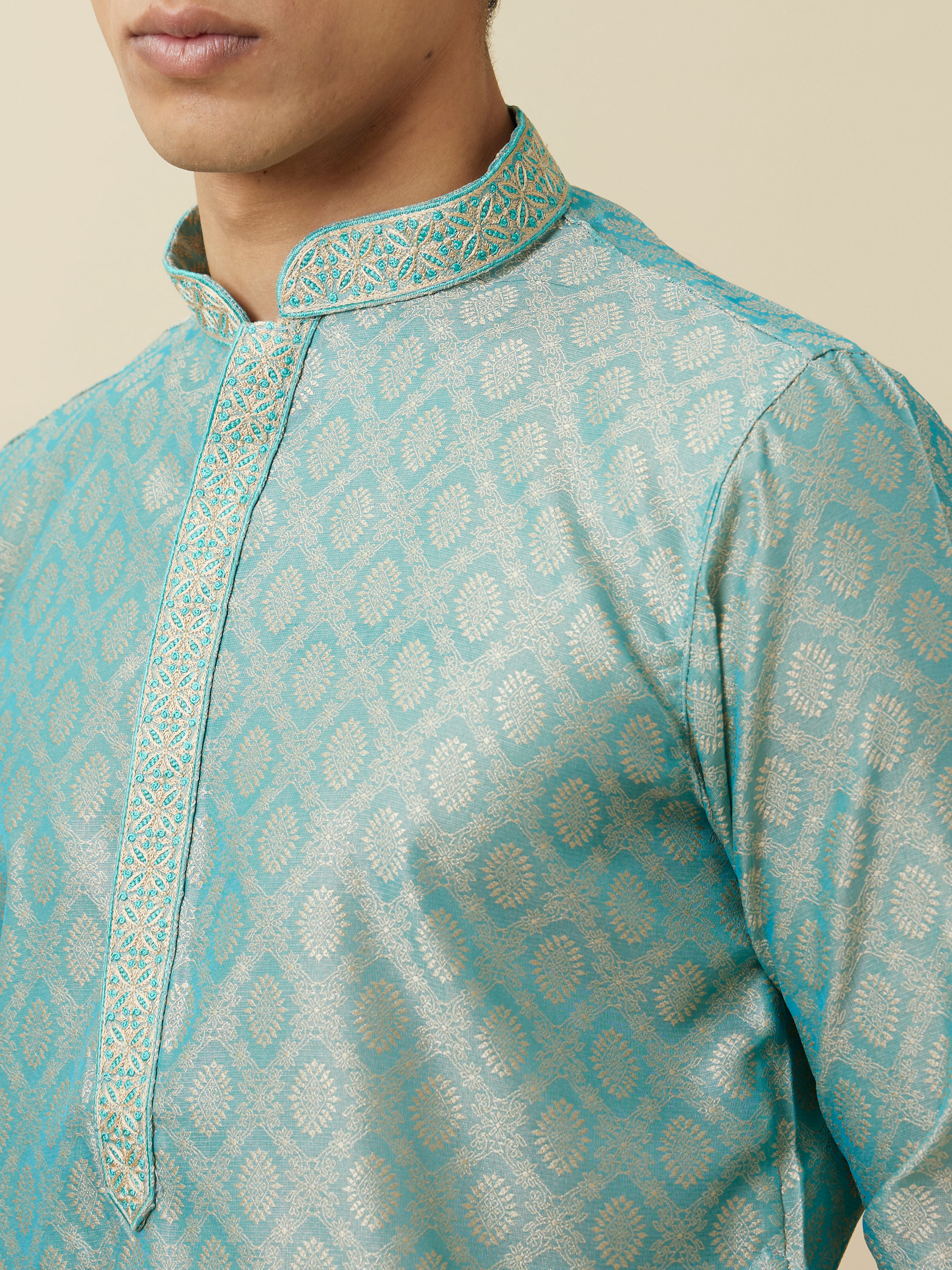 Manyavar Men Fair Aqua Blue Jaal Patterned Kurta Set