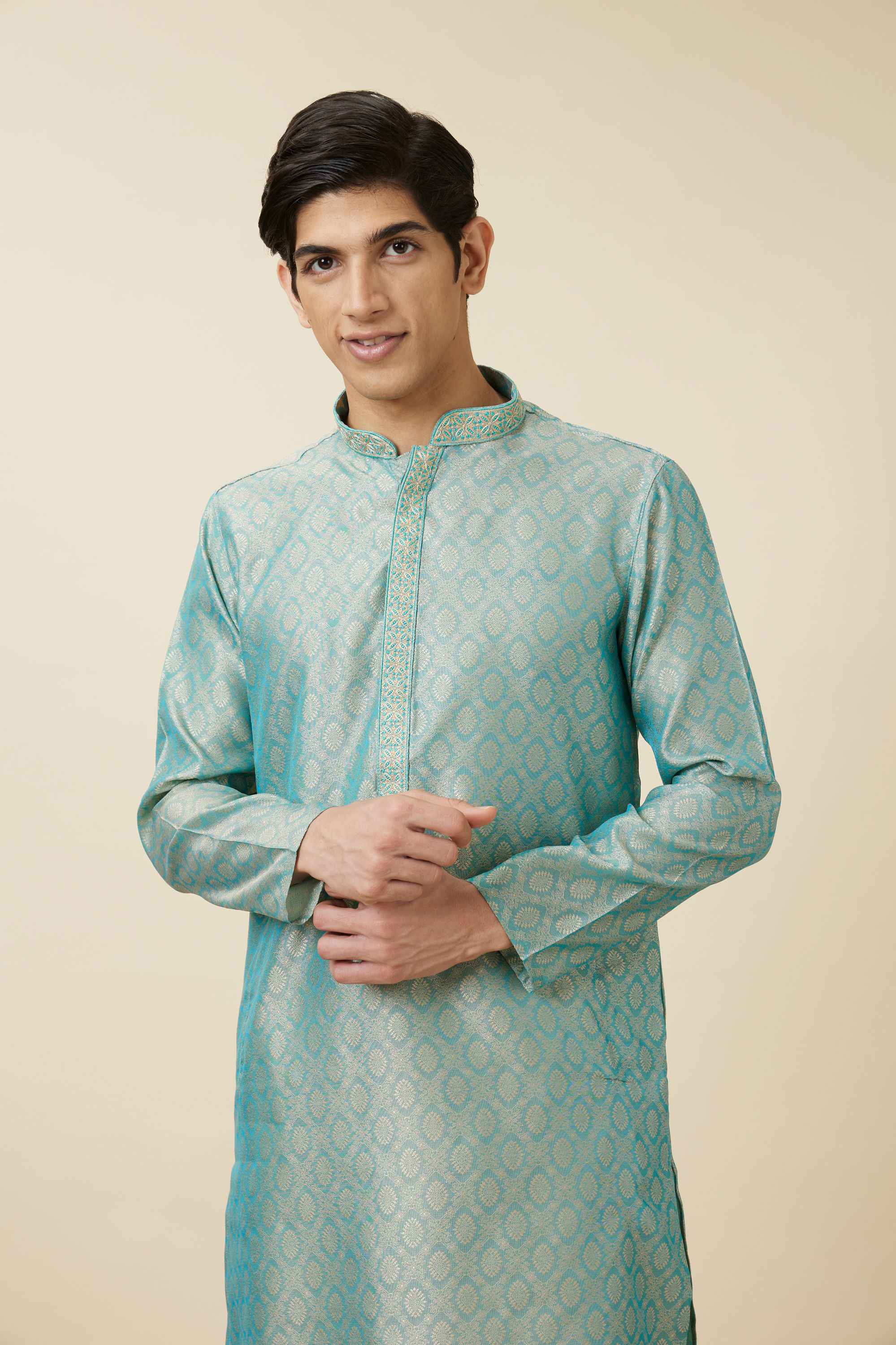 Manyavar Men Fair Aqua Blue Jaal Patterned Kurta Set