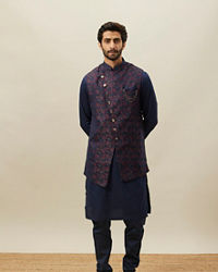 Manyavar Men Twilight Blue Floral Angrakha Style Kurta Jacket Set