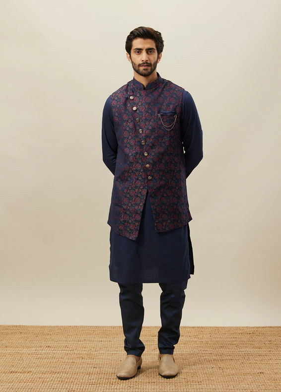 Manyavar Men Twilight Blue Floral Angrakha Style Kurta Jacket Set