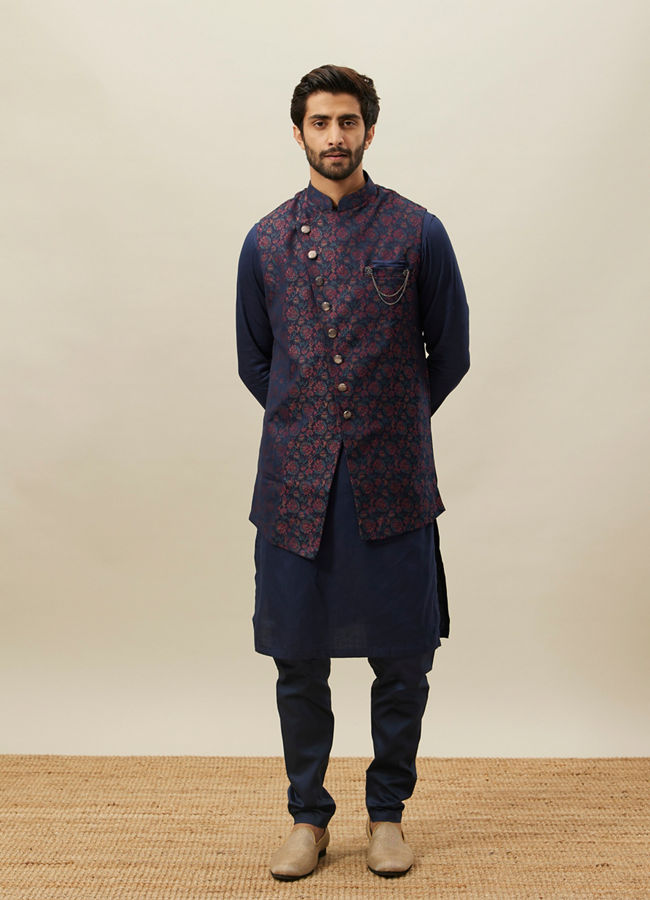 Twilight Blue Floral Angrakha Style Kurta Jacket Set image number 1