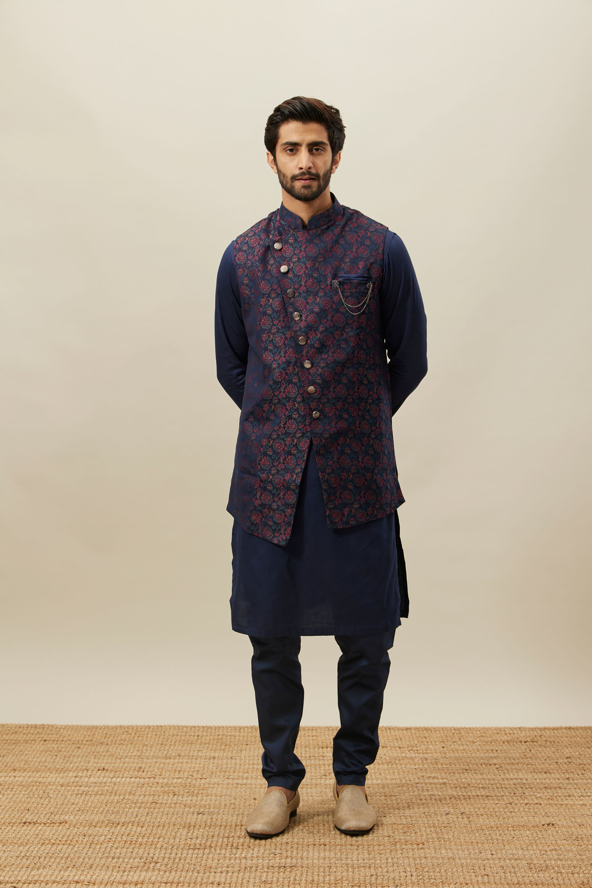 Manyavar Men Twilight Blue Floral Angrakha Style Kurta Jacket Set