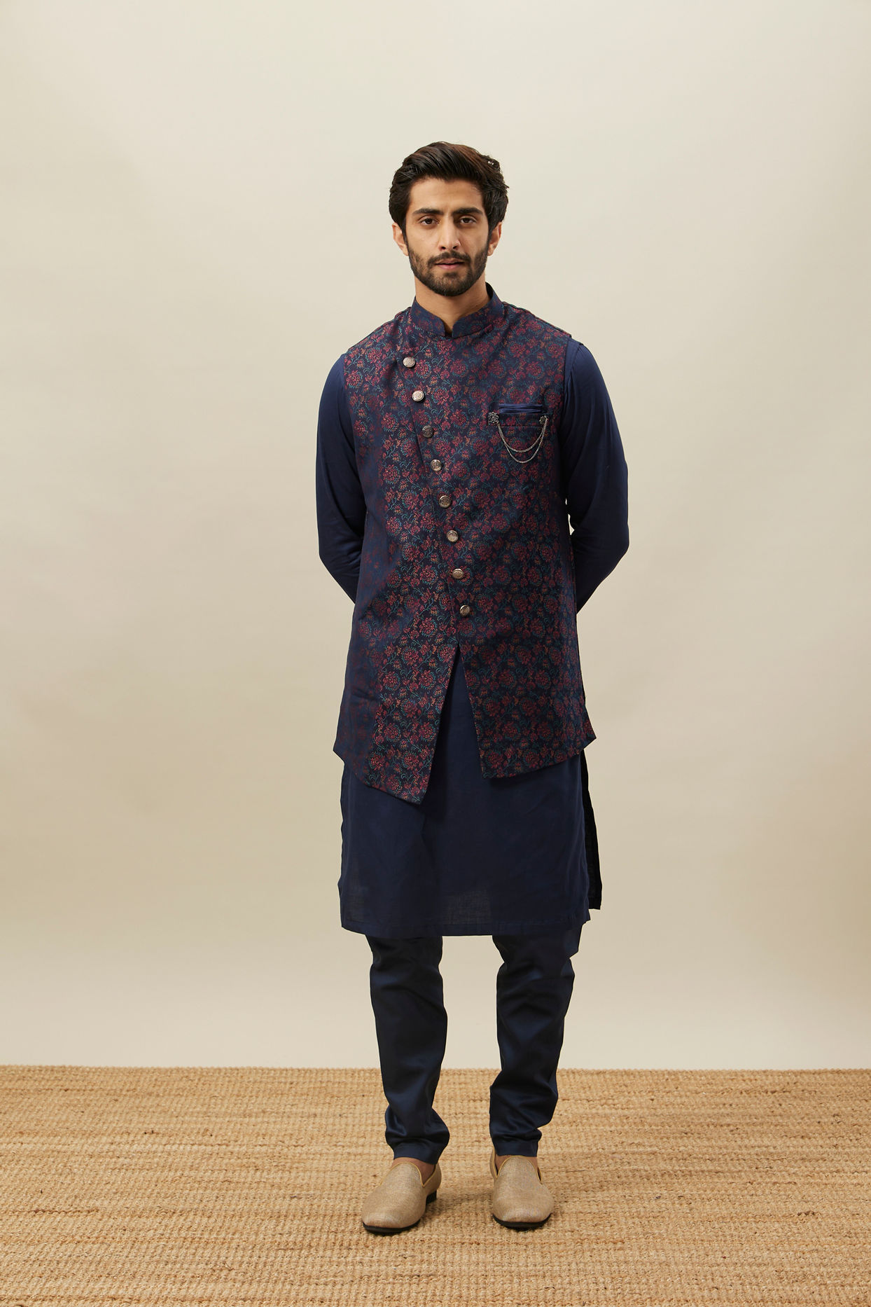 Manyavar Men Twilight Blue Floral Angrakha Style Kurta Jacket Set