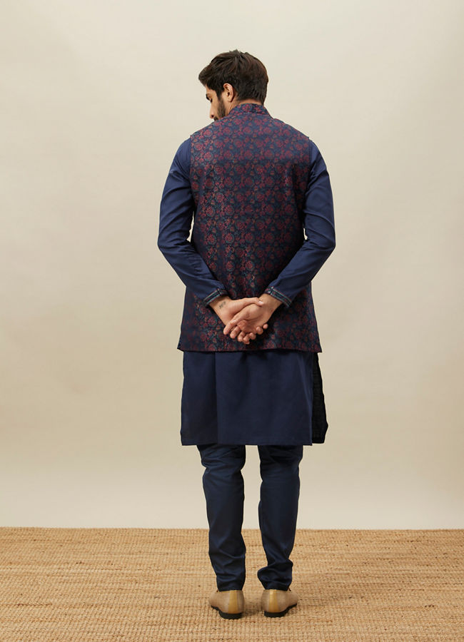 alt message - Manyavar Men Twilight Blue Floral Angrakha Style Kurta Jacket Set image number 2