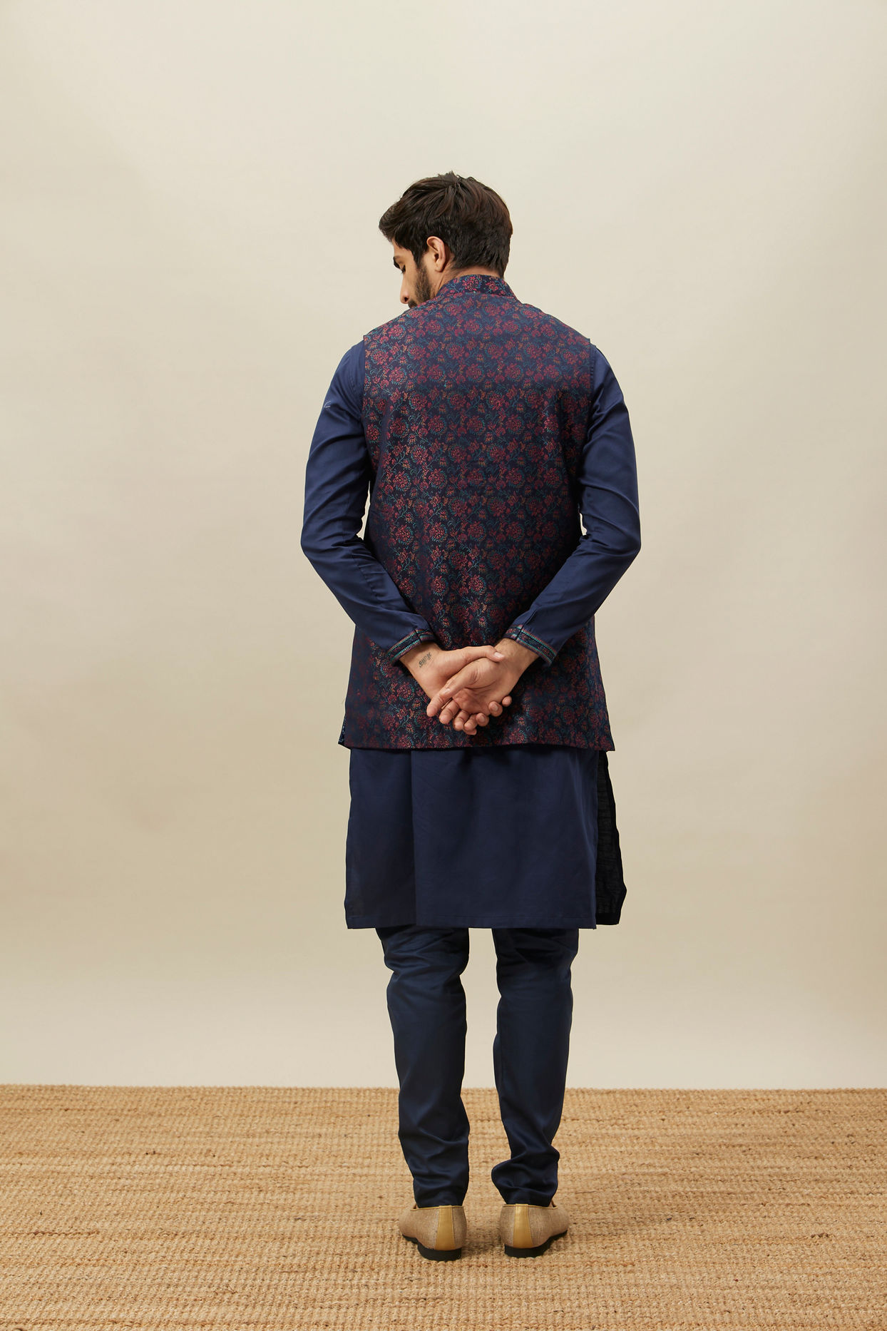 alt message - Manyavar Men Twilight Blue Floral Angrakha Style Kurta Jacket Set image number 2