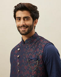 Manyavar Men Twilight Blue Floral Angrakha Style Kurta Jacket Set