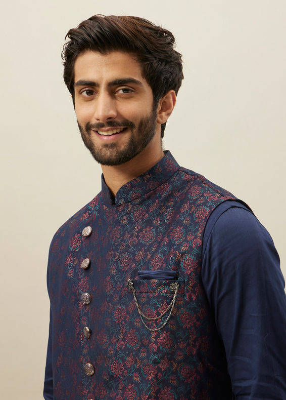 Manyavar Men Twilight Blue Floral Angrakha Style Kurta Jacket Set