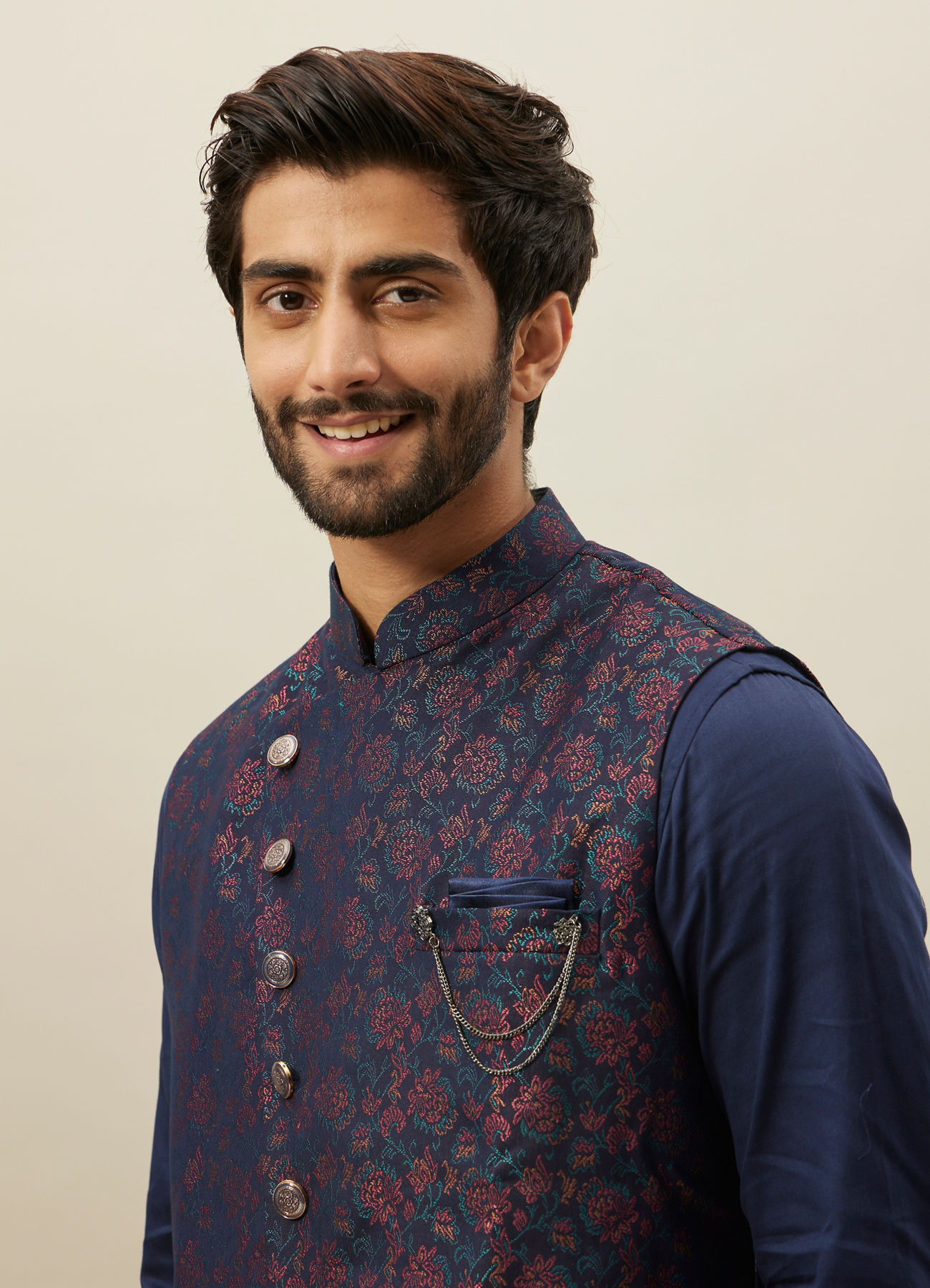 Manyavar Men Twilight Blue Floral Angrakha Style Kurta Jacket Set