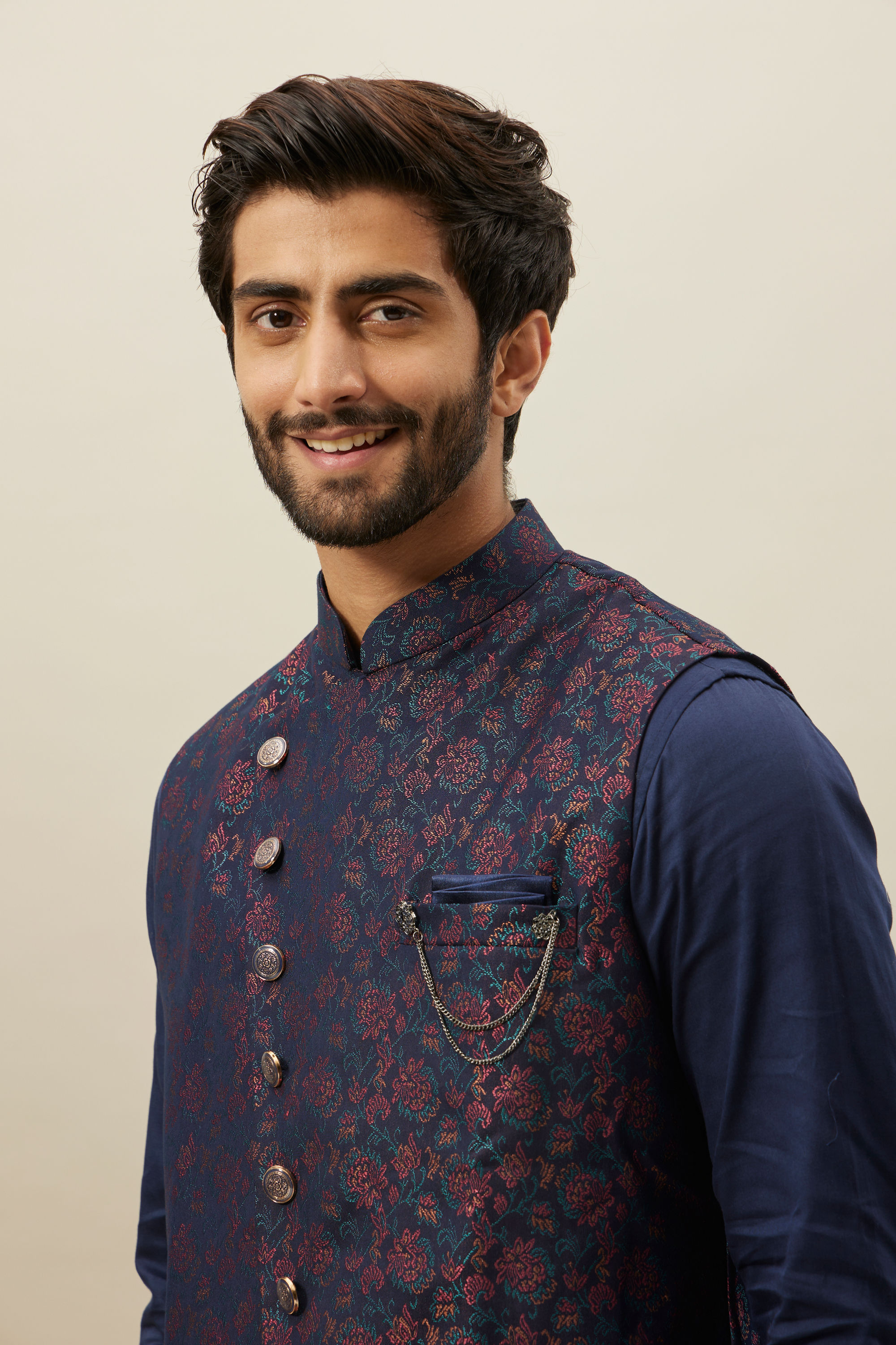 Manyavar Men Twilight Blue Floral Angrakha Style Kurta Jacket Set