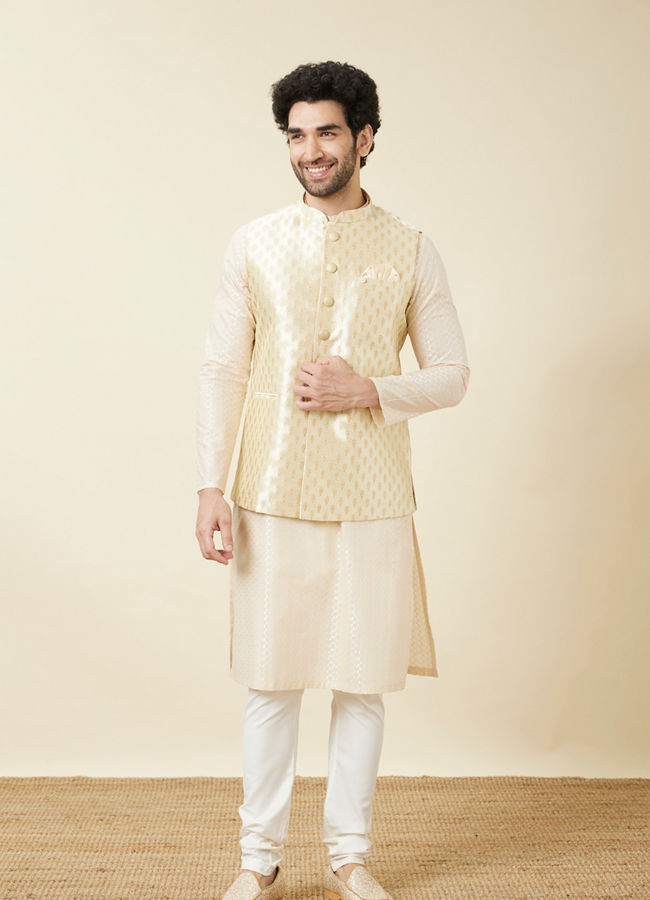 Manyavar Men Pearled Ivory White Buta Patterned Jacket