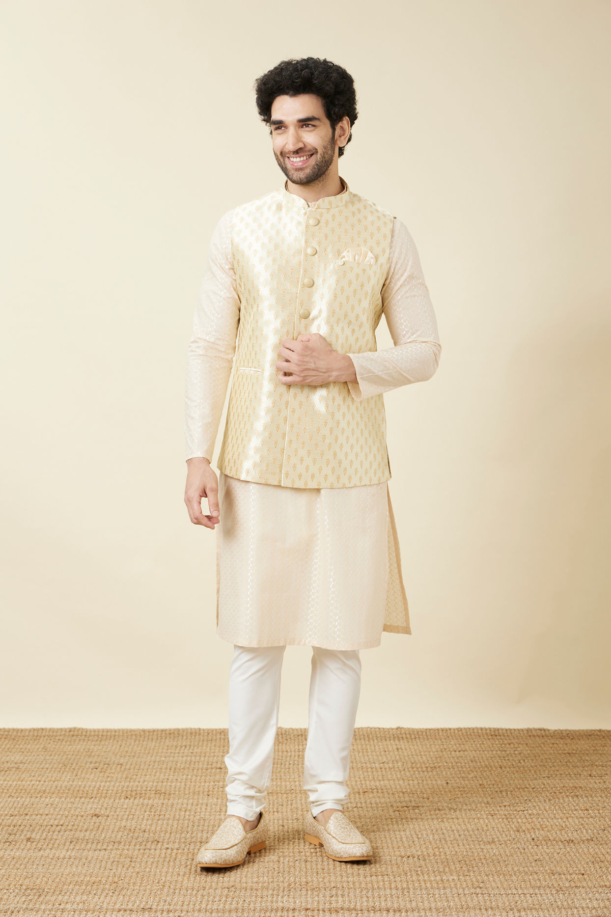 Manyavar Men Pearled Ivory White Buta Patterned Jacket