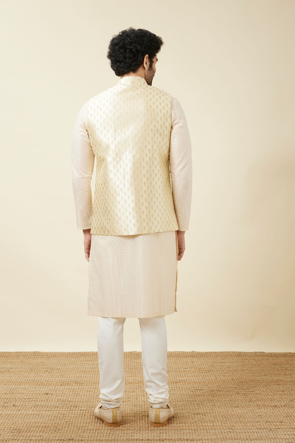 Manyavar Men Pearled Ivory White Buta Patterned Jacket