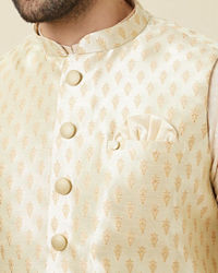 Manyavar Men Pearled Ivory White Buta Patterned Jacket