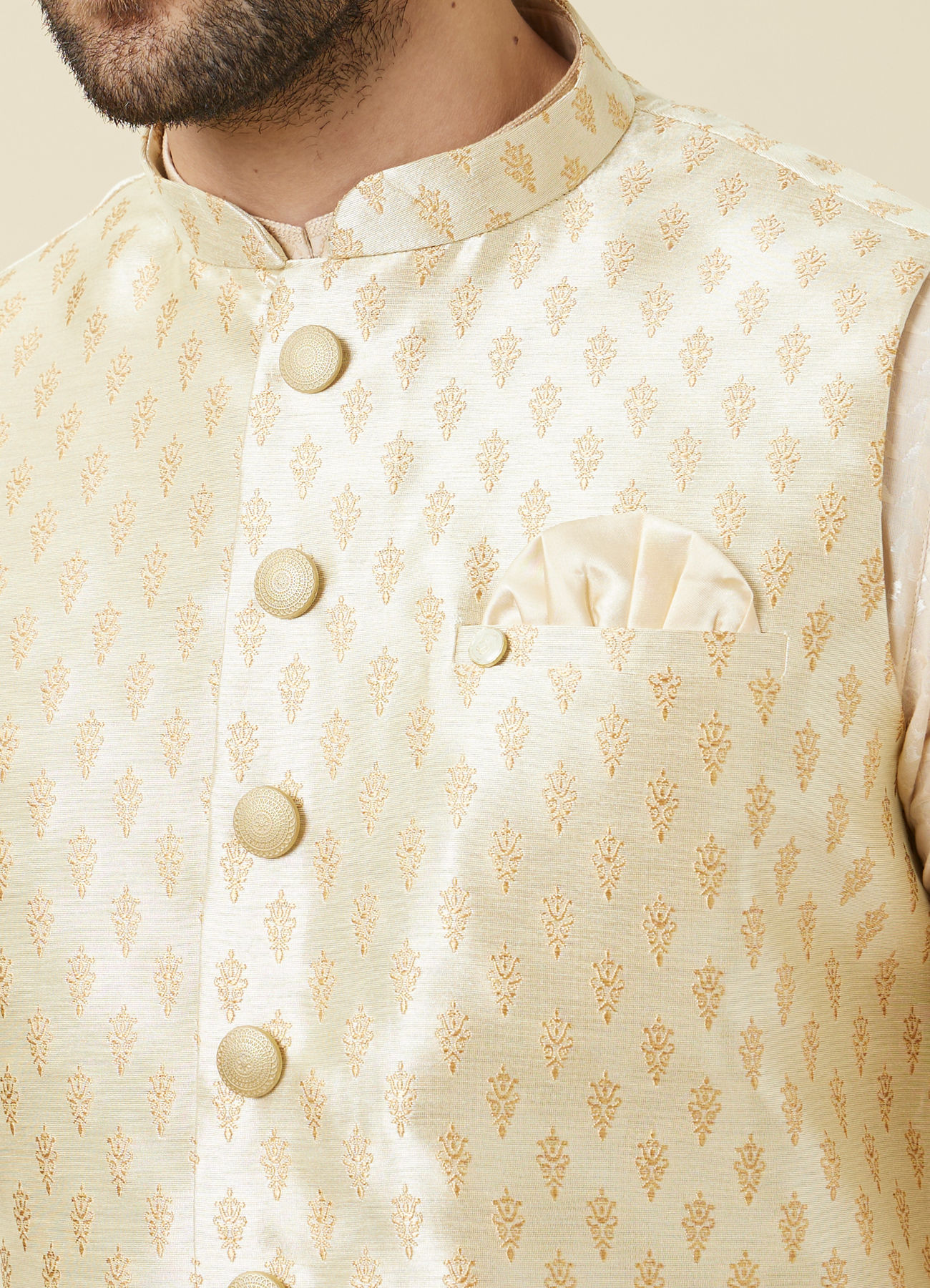 Manyavar Men Pearled Ivory White Buta Patterned Jacket