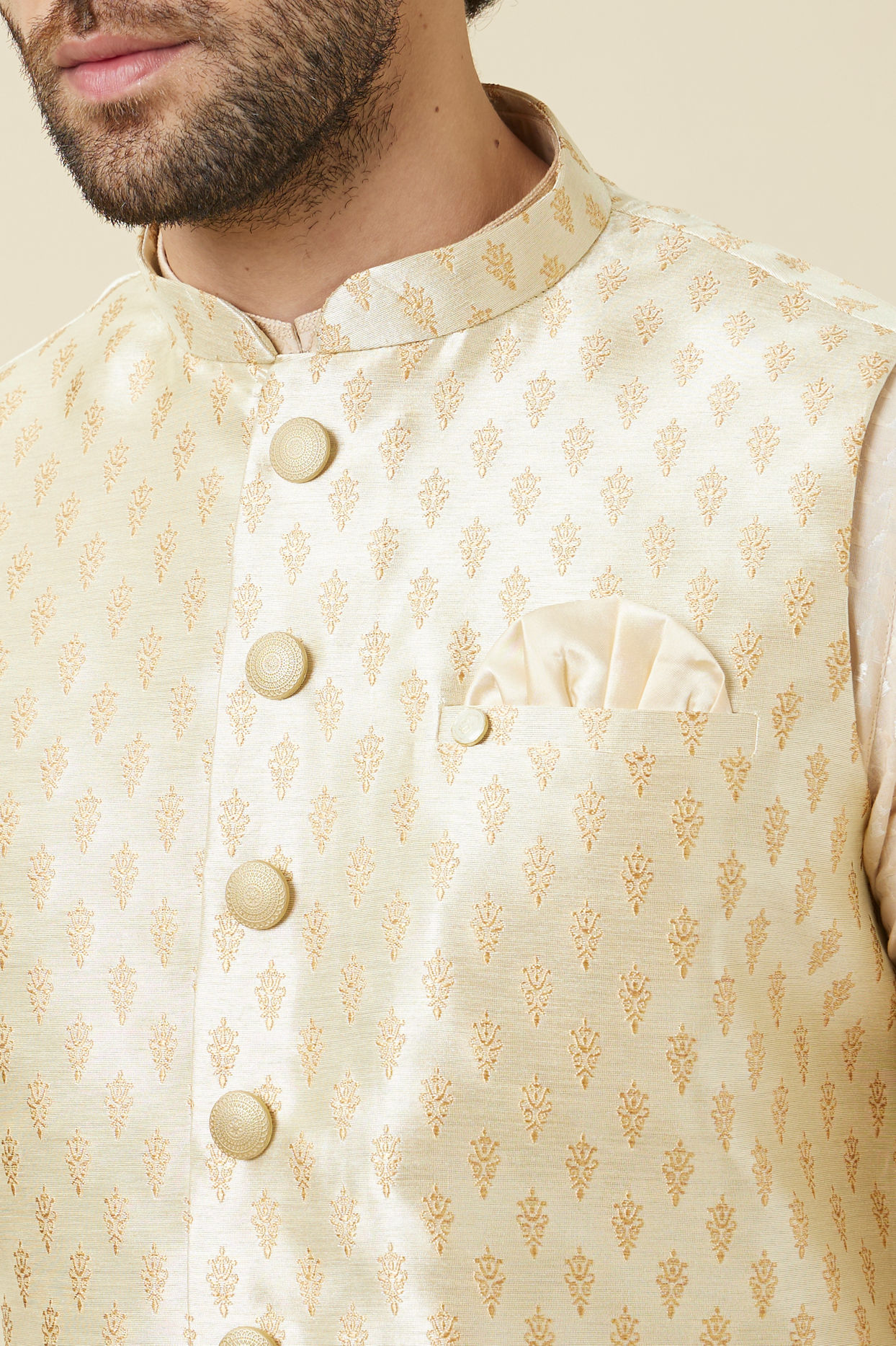 Manyavar Men Pearled Ivory White Buta Patterned Jacket