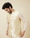 alt message - Manyavar Men Pearled Ivory White Buta Patterned Jacket image number 0