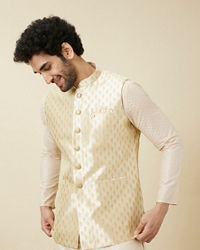 Manyavar Men Pearled Ivory White Buta Patterned Jacket
