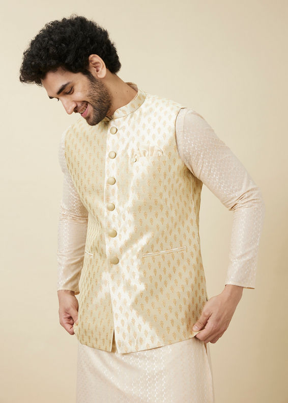 Manyavar Men Pearled Ivory White Buta Patterned Jacket