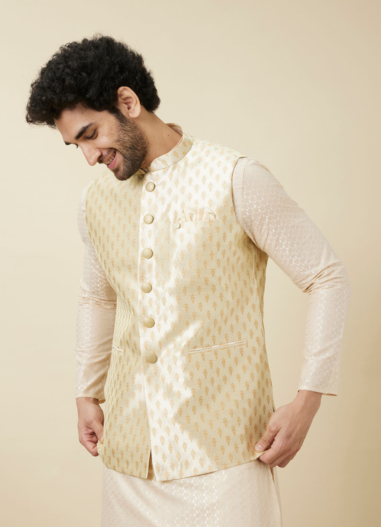 Manyavar Men Pearled Ivory White Buta Patterned Jacket