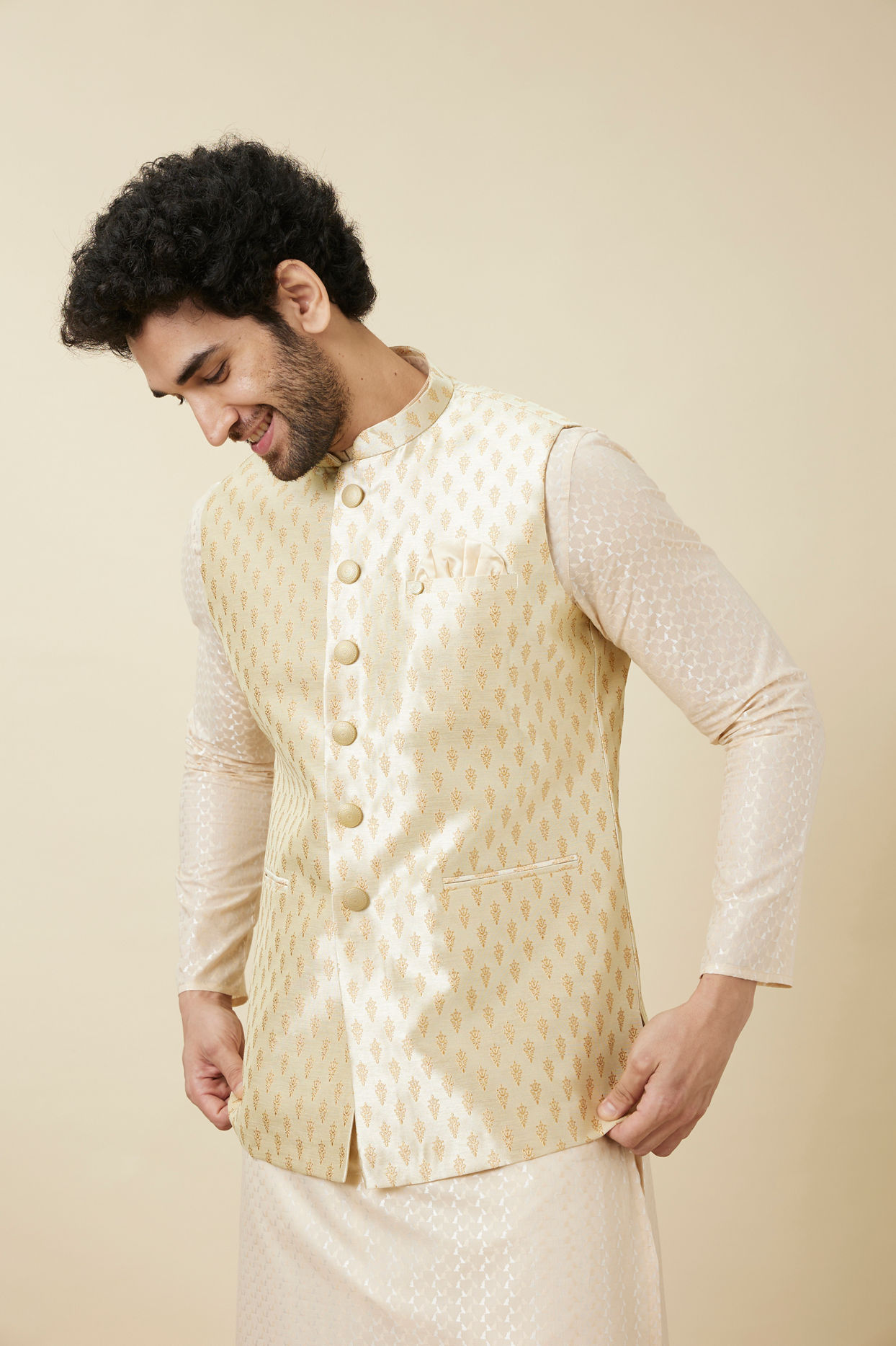 Manyavar Men Pearled Ivory White Buta Patterned Jacket