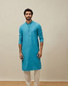 alt message - Manyavar Men Ferozi Blue Embroidered Placket Kurta Set image number 2