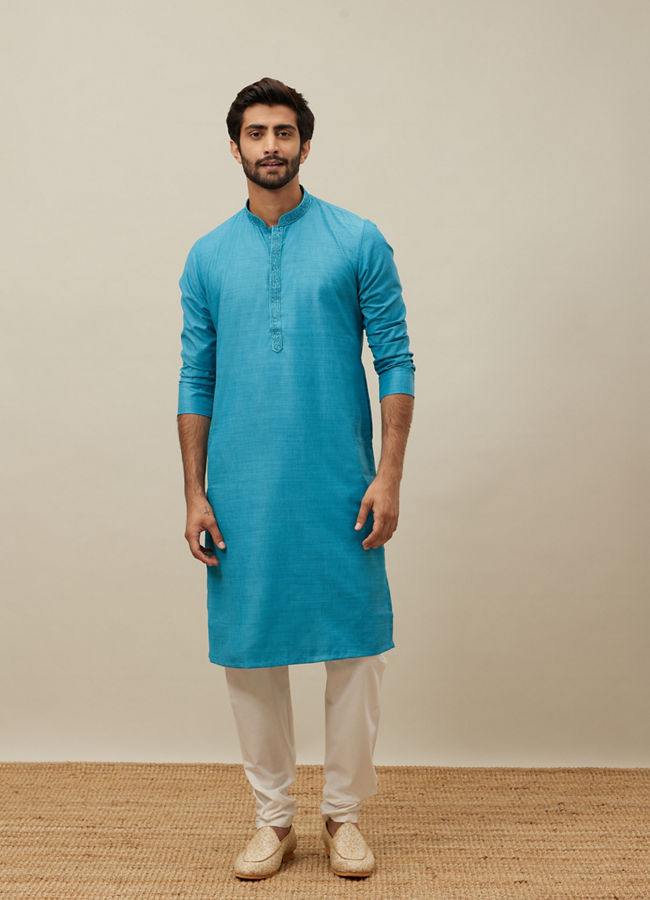 Manyavar Men Ferozi Blue Embroidered Placket Kurta Set