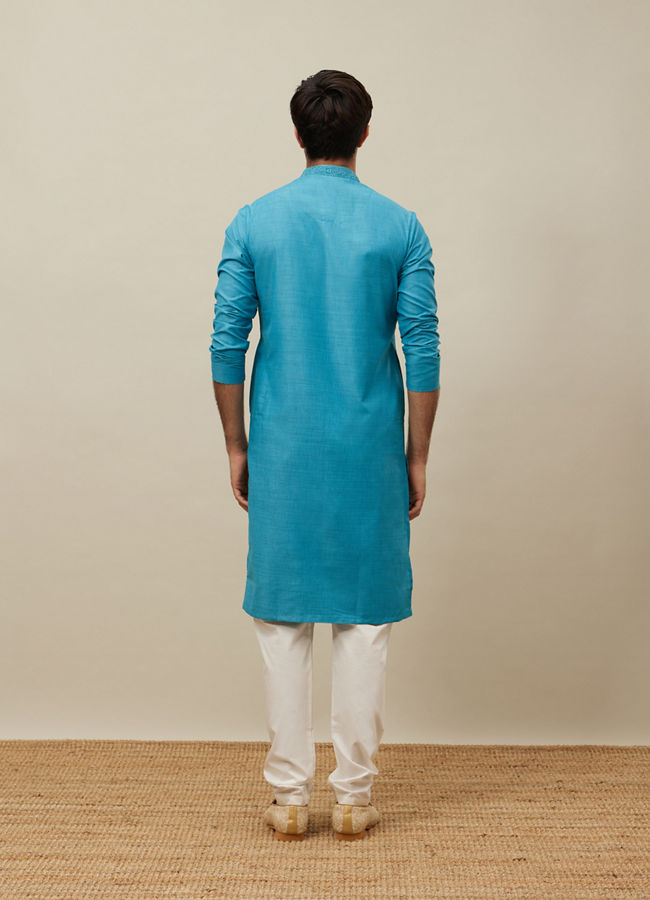 Manyavar Men Ferozi Blue Embroidered Placket Kurta Set