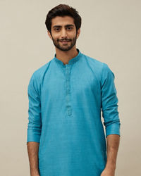 Manyavar Men Ferozi Blue Embroidered Placket Kurta Set