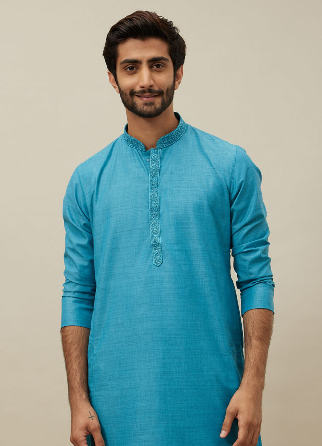 alt message - Manyavar Men Ferozi Blue Embroidered Placket Kurta Set image number 0