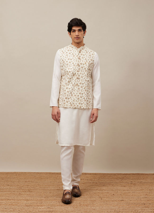 Manyavar Men Ivory White Floral Printed Jacket