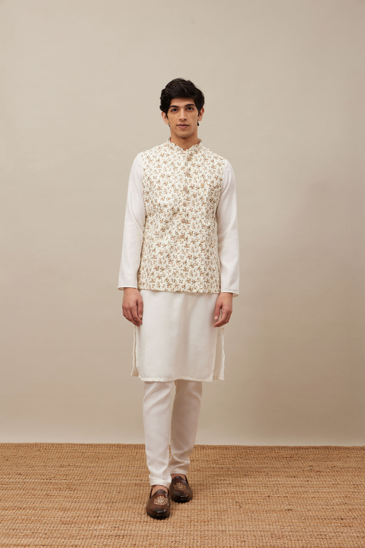 Manyavar Men Ivory White Floral Printed Jacket