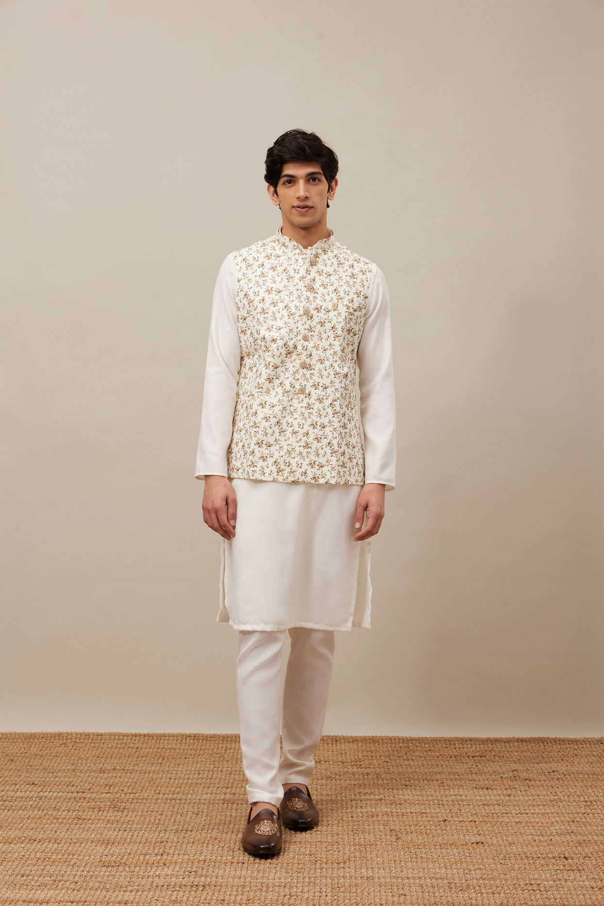 alt message - Manyavar Men Ivory White Floral Printed Jacket image number 2