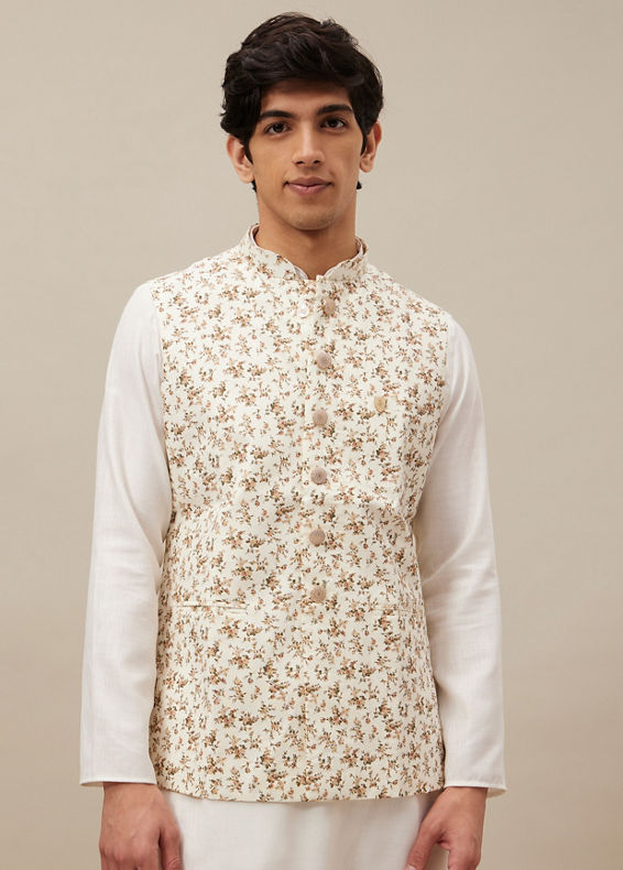 Manyavar Men Ivory White Floral Printed Jacket