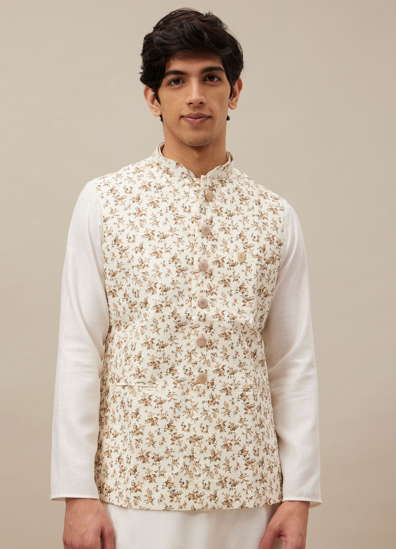 Manyavar Men Ivory White Floral Printed Jacket