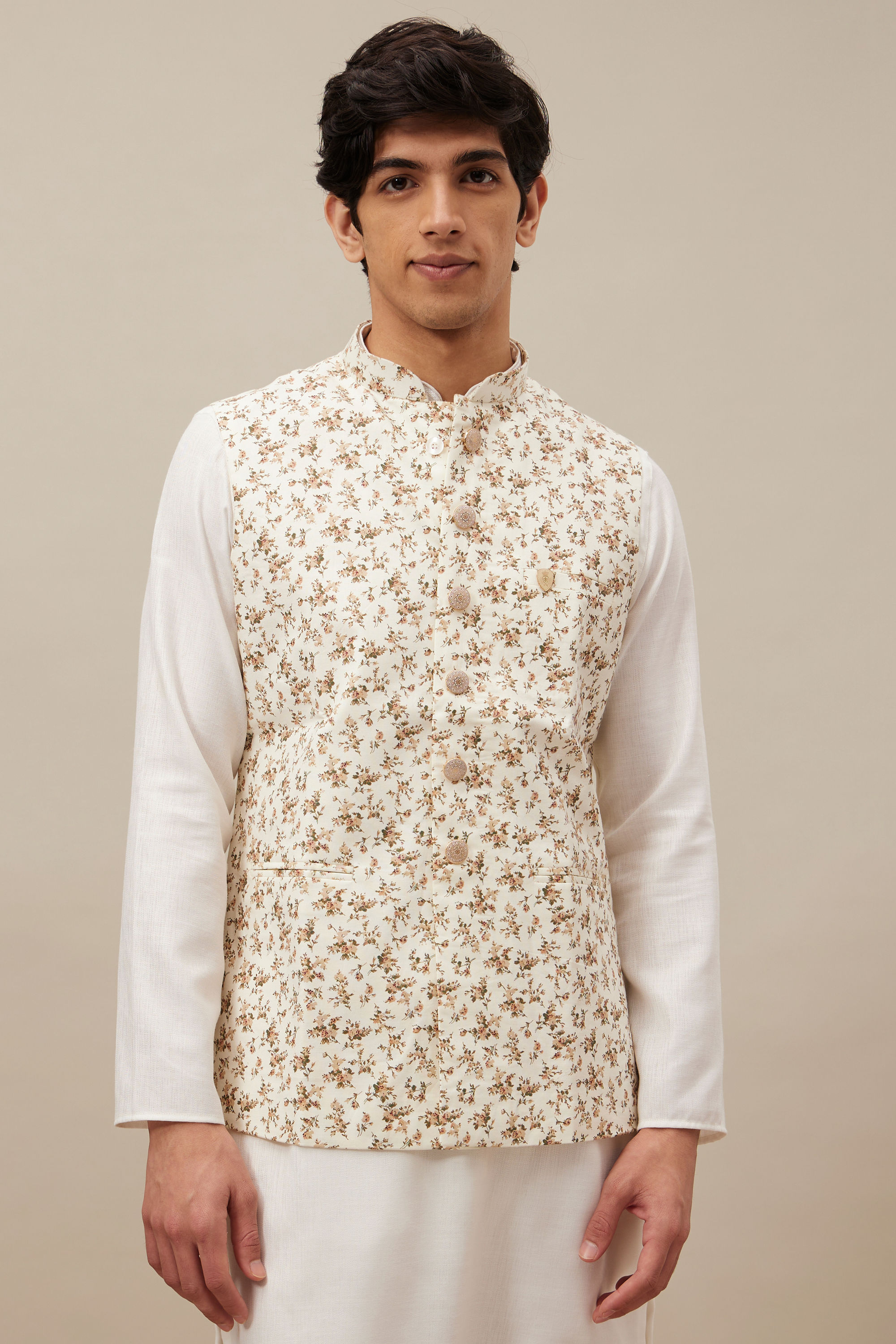 Manyavar Men Ivory White Floral Printed Jacket