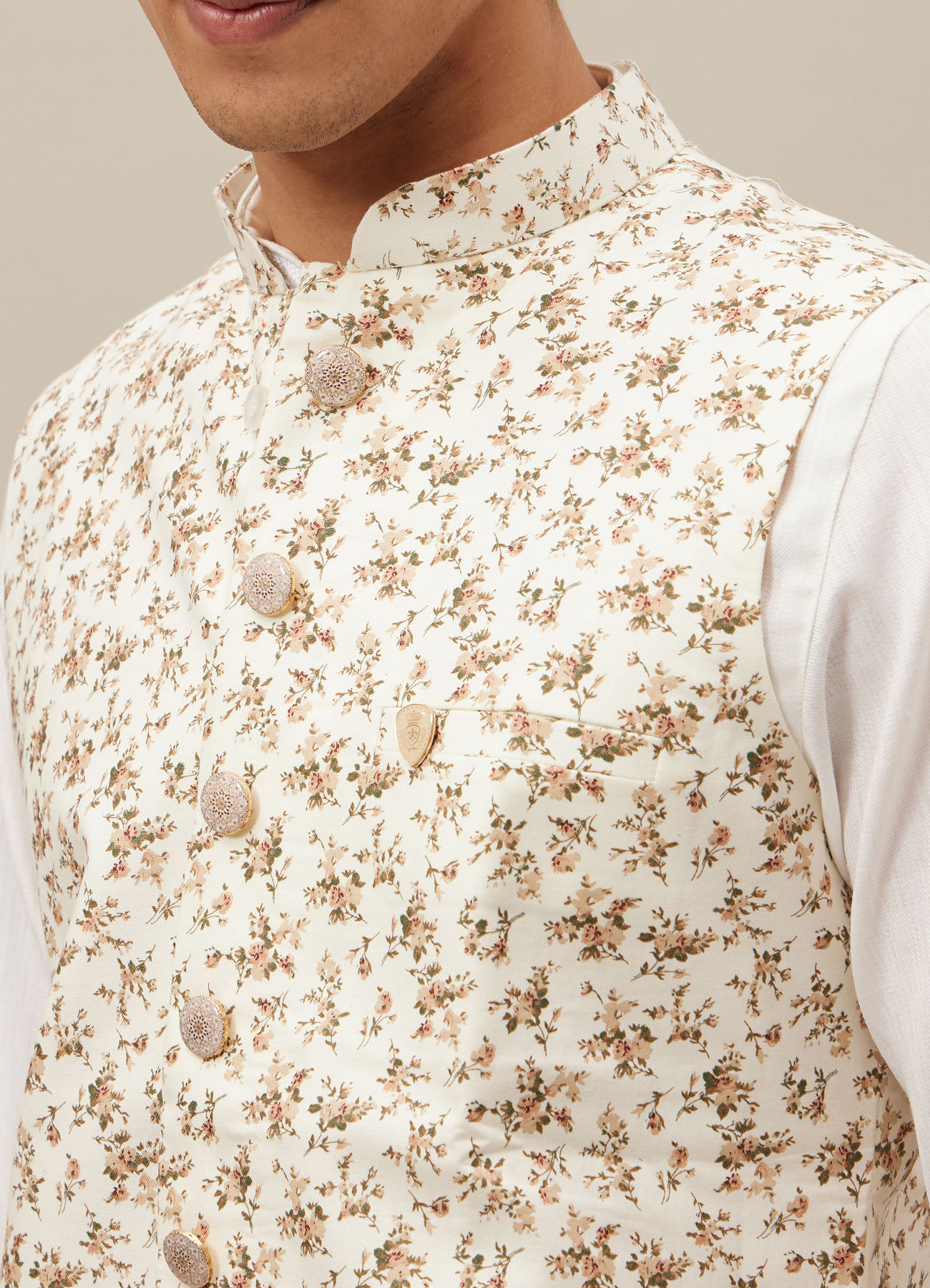 Manyavar Men Ivory White Floral Printed Jacket