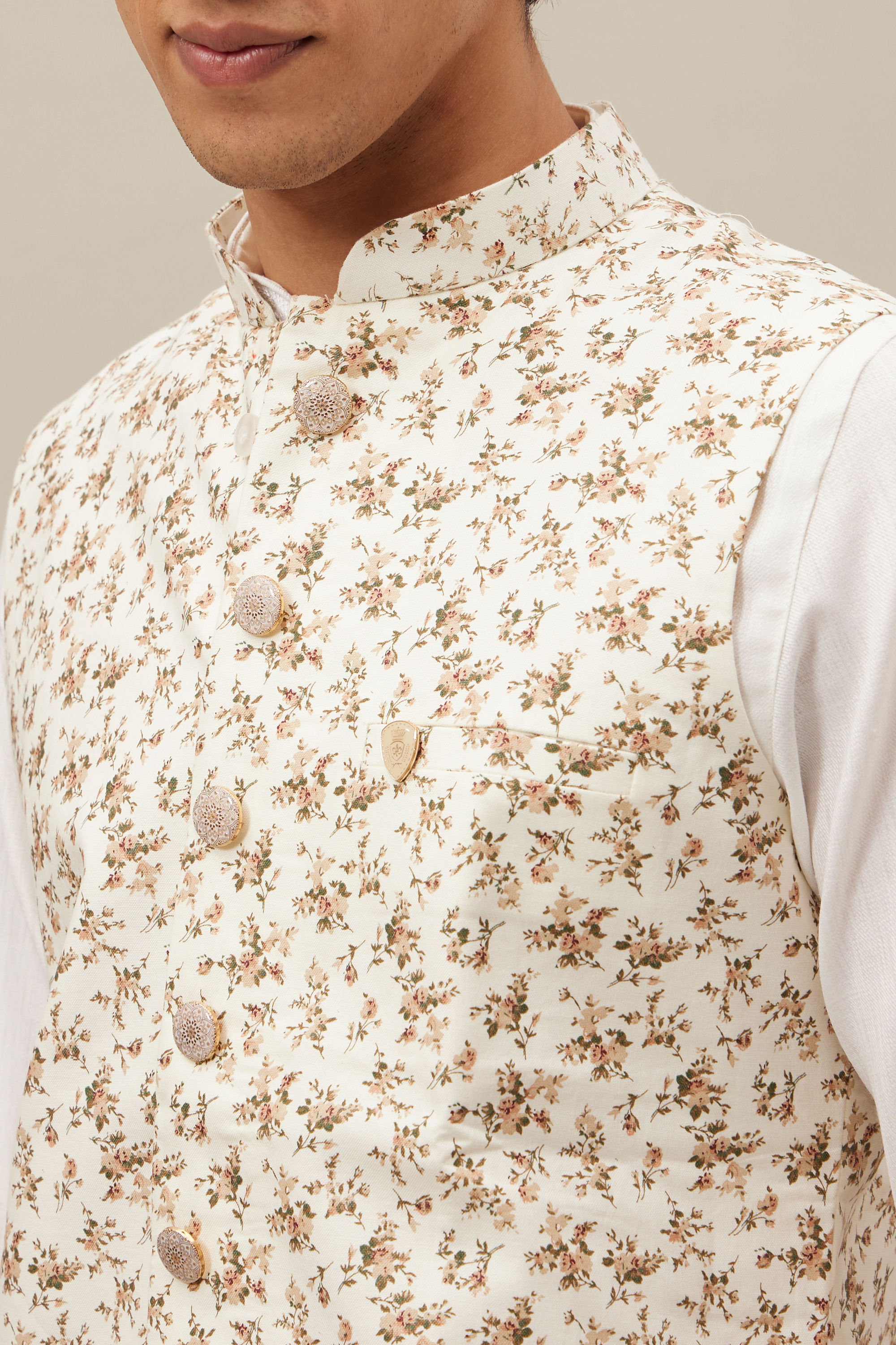 Manyavar Men Ivory White Floral Printed Jacket