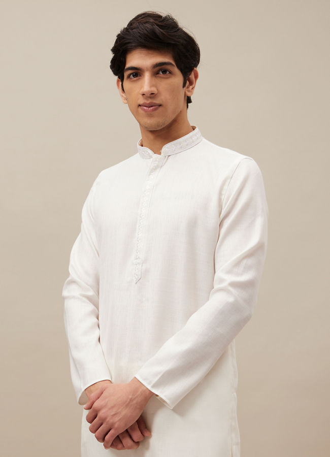 alt message - Manyavar Men Pristine White Bandhgala Style Kurta Set image number 0